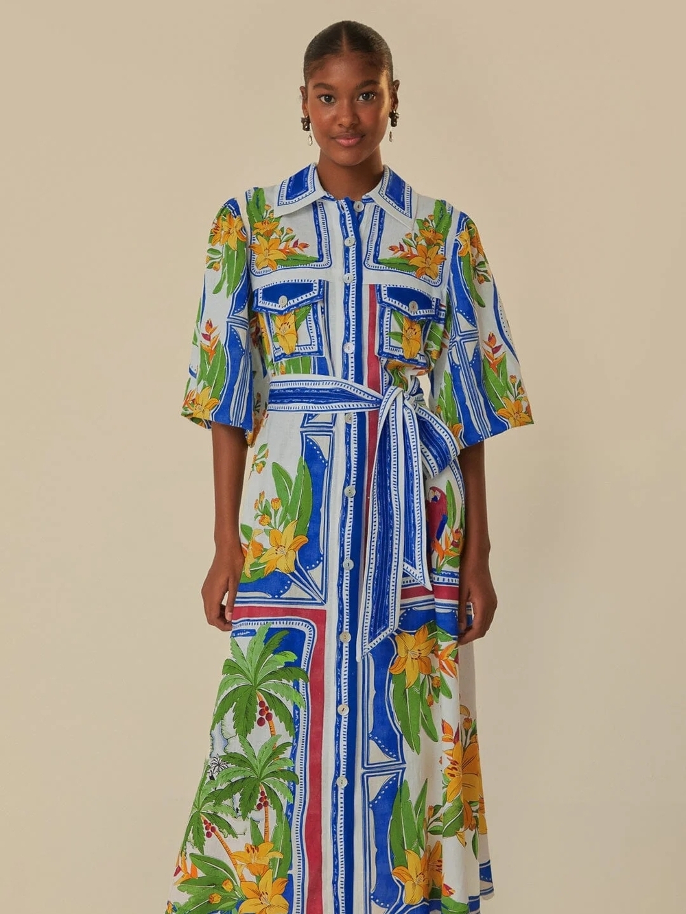 FARM Rio White Midi Shirt Dress with Blue Stripes and Yellow Floral Print - Picture 6 of 7